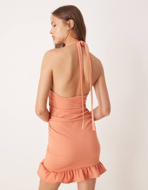 ASOS DESIGN - Terrakottafarvet minikjole med halterneck, hjerteformet hals og rynker, 2 af 4