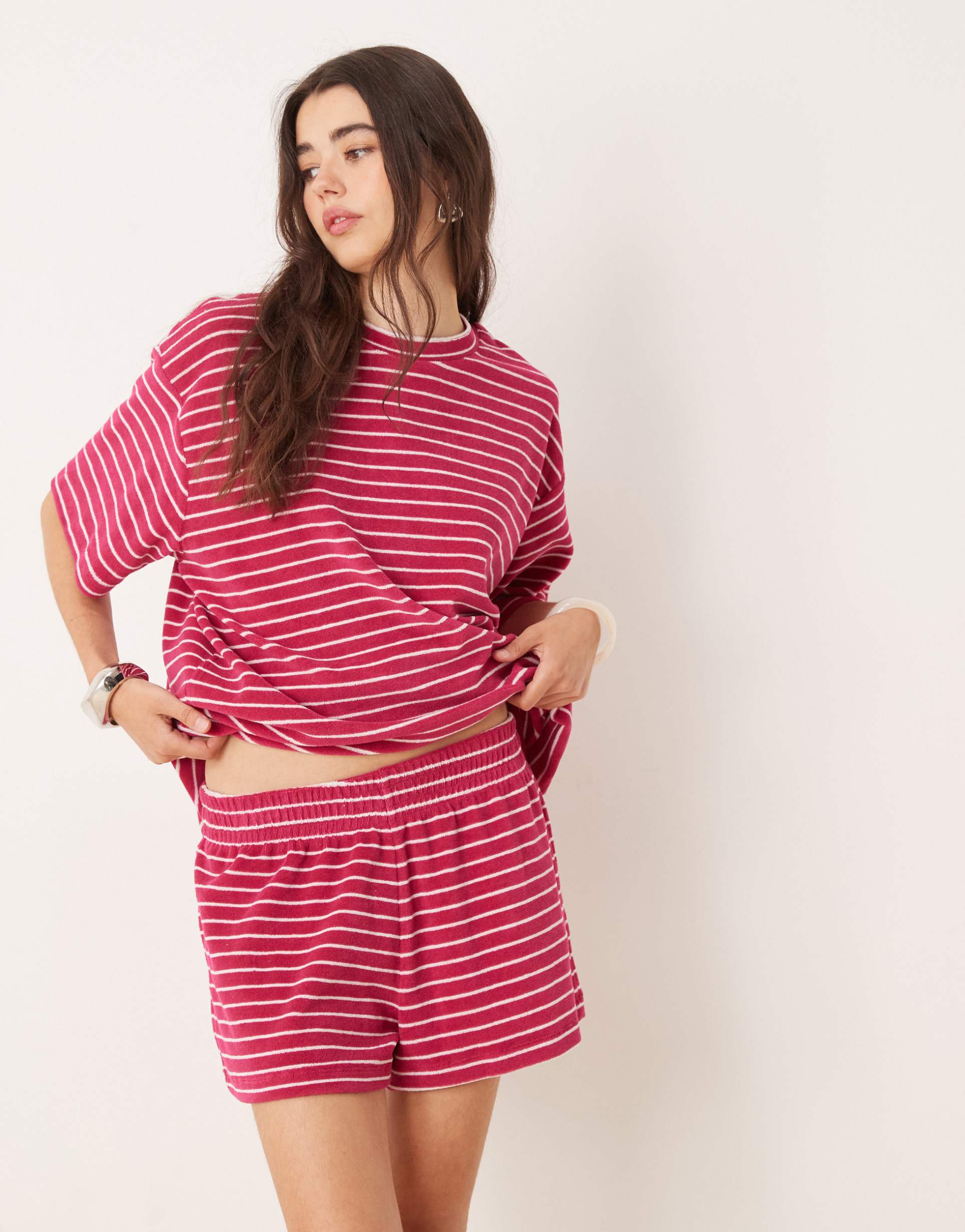 asos design terrycloth boxer shorts in pink stripe - part of a set