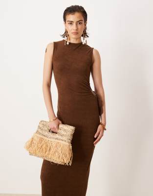 terrycloth sleeveless cut out side maxi dress in chocolate-Brown