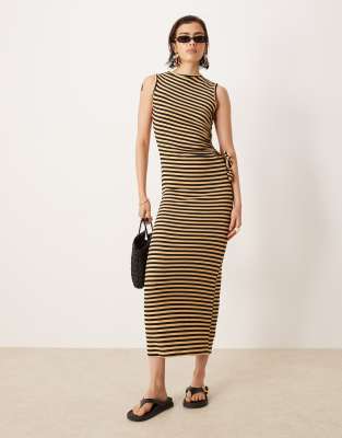 terrycloth sleeveless cut-out side maxi dress in orange and black stripe-Multi