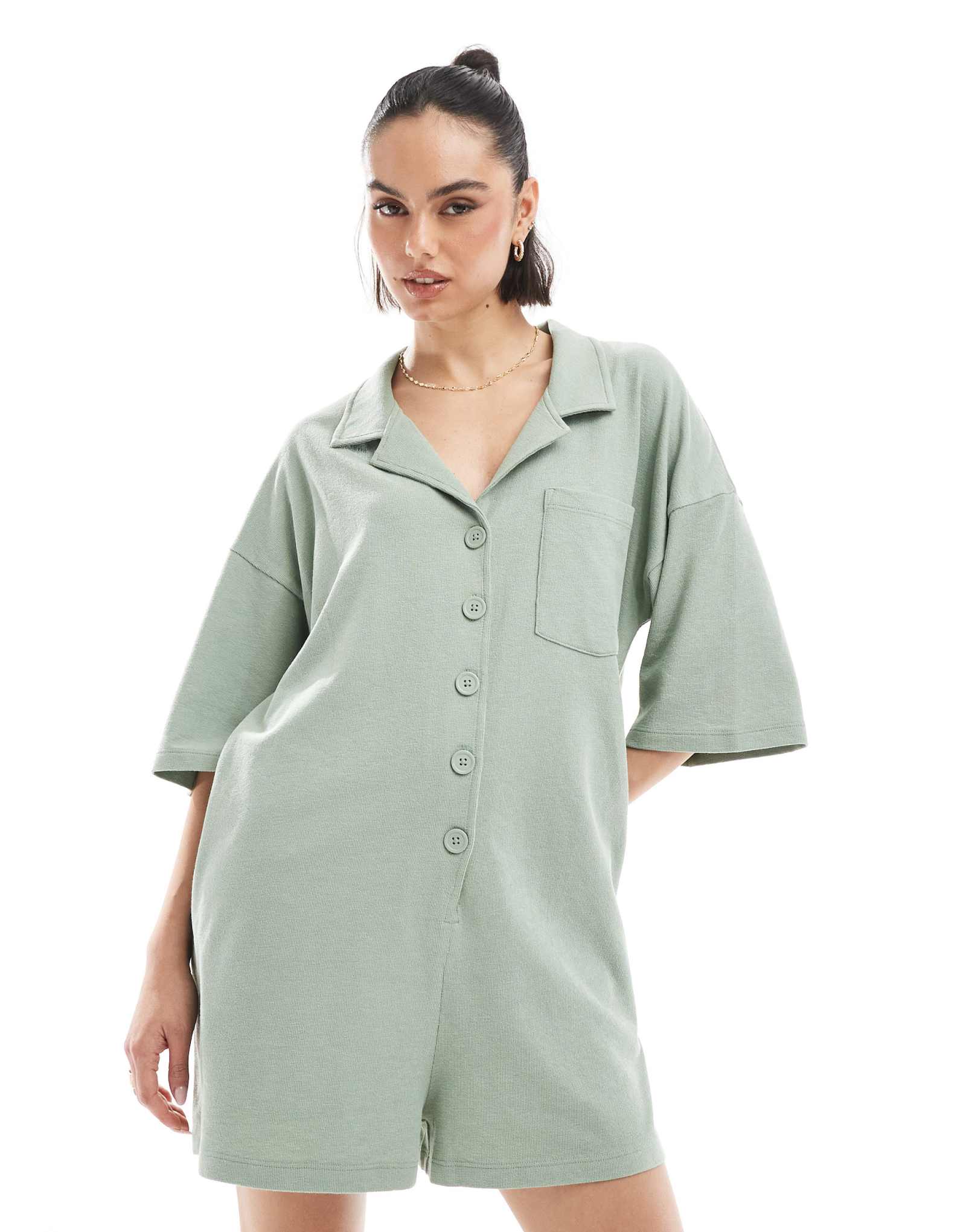 ДИЗАЙНЕРСКИЙ махровый комбинезон-футболка ASOS из шалфея