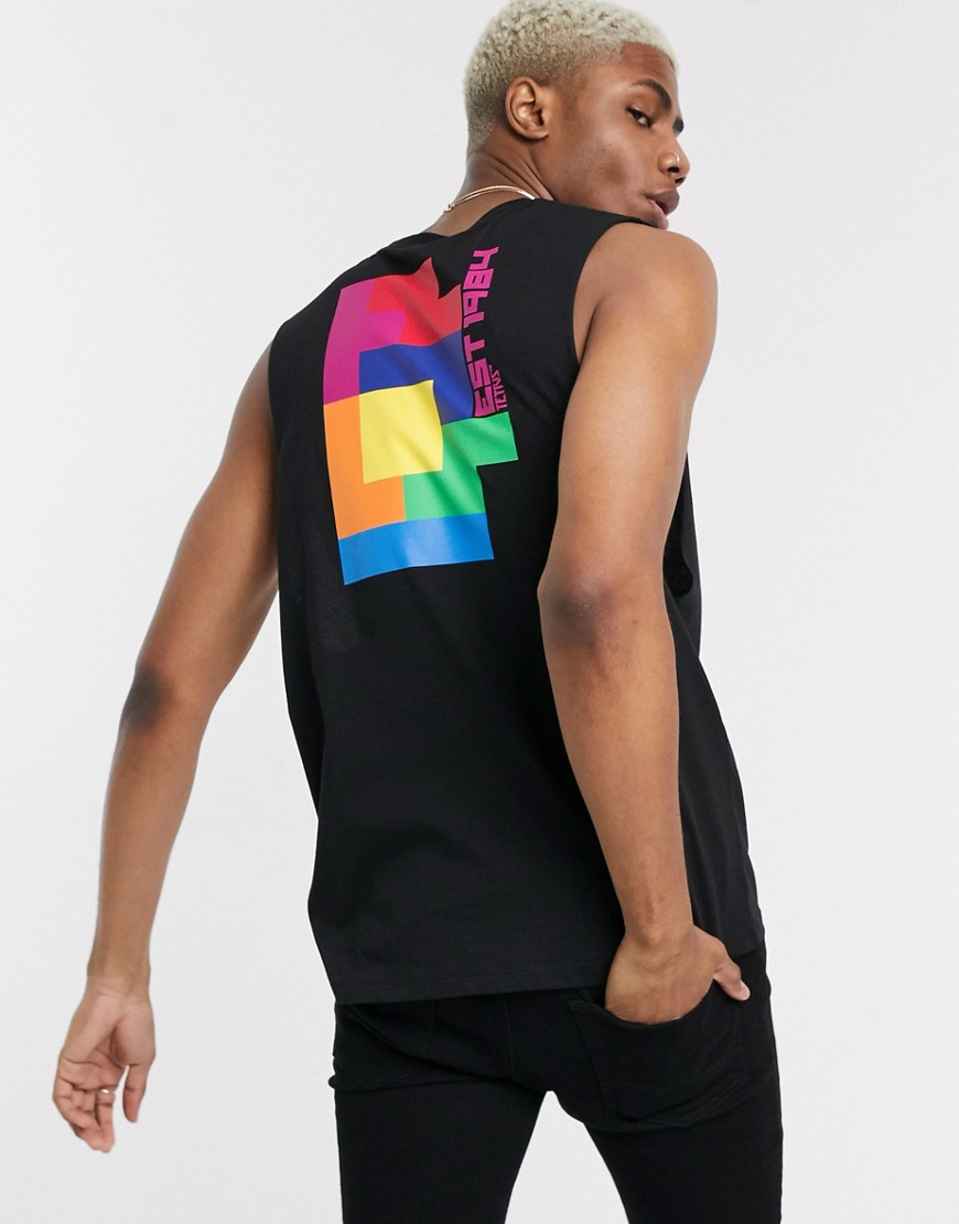 ASOS DESIGN - Tetris - T-shirt comoda senza maniche con stampa davanti e dietro-Nero