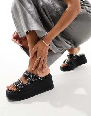  Texas buckle detail studded wedge mules 