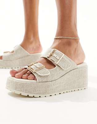 ASOS DESIGN Texas buckle detail wedge mules in natural-Neutral