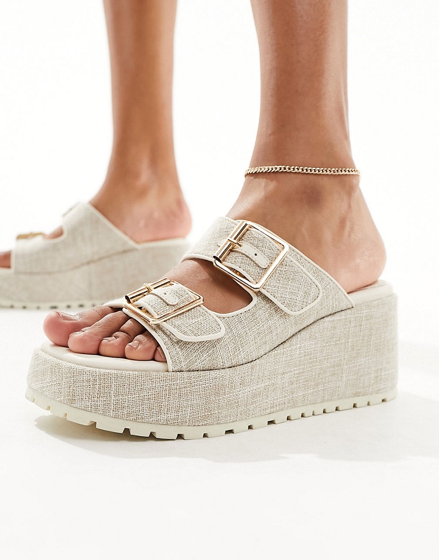 Asos Design Texas Buckle Detail Wedge Mules In Natural-neutral