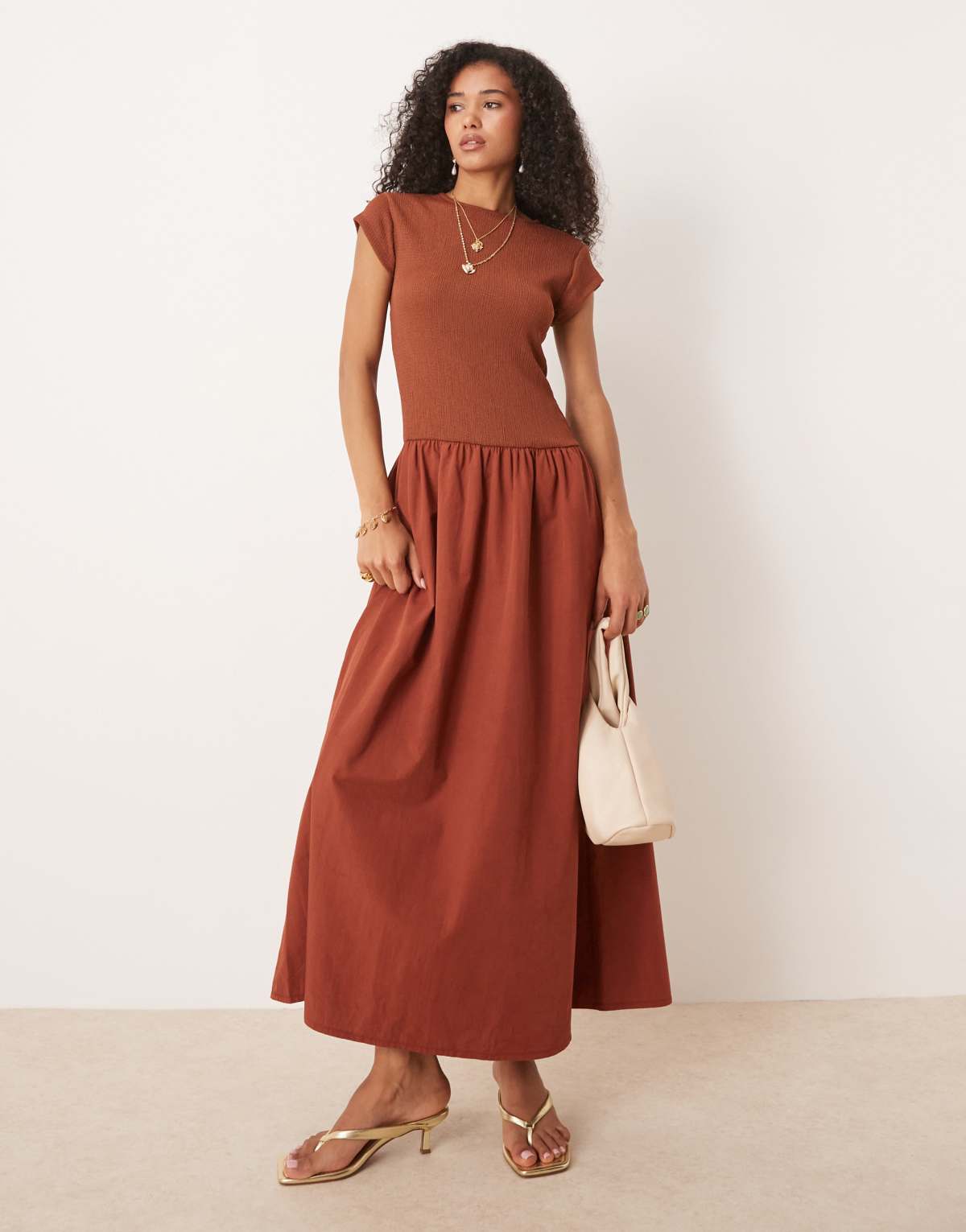 ASOS DESIGN texture and poplin mix dropped waist maxi dress in rust