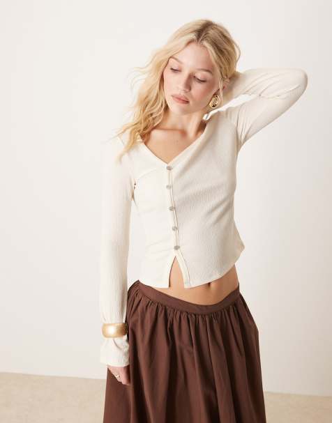 ASOS DESIGN texture asymmetric top with pearlised buttons in cream - view 1
