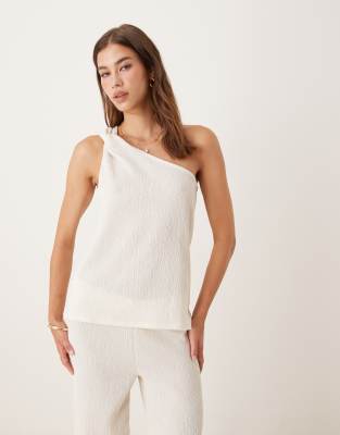 ASOS DESIGN texture crinkle tie shoulder top co-ord in cream - view 1