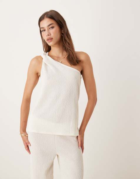 ASOS DESIGN texture crinkle tie shoulder top co-ord in cream