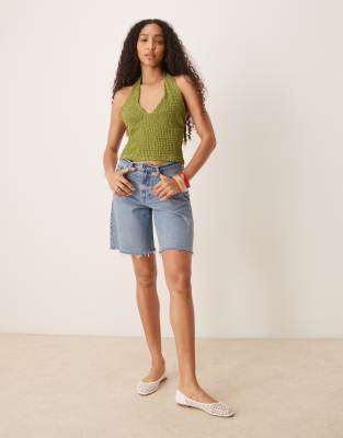 ASOS DESIGN texture halter neck top and flare trouser in green - view 1