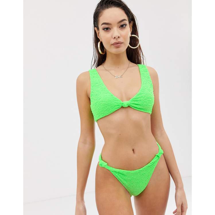 ASOS DESIGN texture knot minimal crop bikini top in neon green