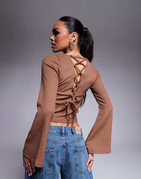 ASOS DESIGN texture lace up back flute sleeve top in brown - view 1