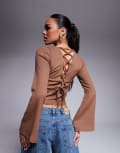 [ASOS DESIGN] ASOS DESIGN texture lace up back flute sleeve top in brown XS BROWN
