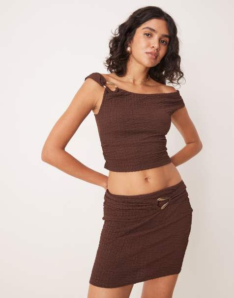 ASOS DESIGN texture mini skirt with trim detail in chocolate (part of a set) - view 1