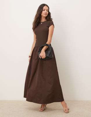 Asos Design Texture Mixed Woven Skirt Maxi Dress In Brown