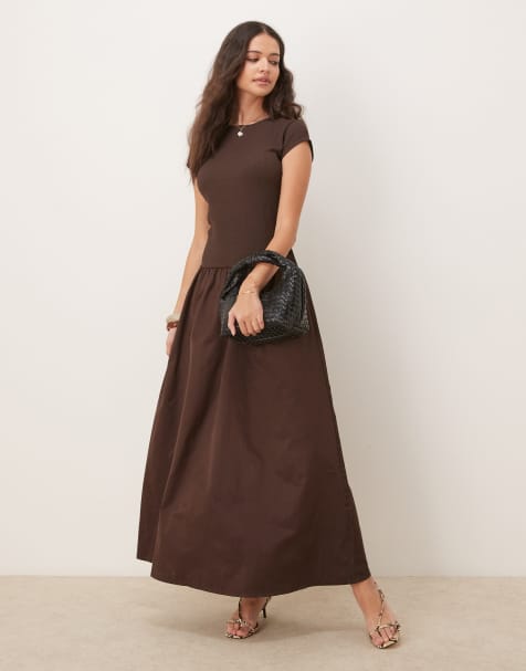 ASOS DESIGN texture mixed woven skirt maxi dress in brown - view 1