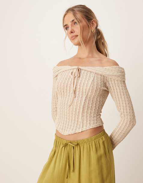 ASOS DESIGN texture off the shoulder long sleeve top with tie detail in stone - view 1