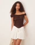 [ASOS DESIGN] ASOS DESIGN texture off the shoulder short sleeve top with tie detail in chocolate-Brown 6 Chocolate