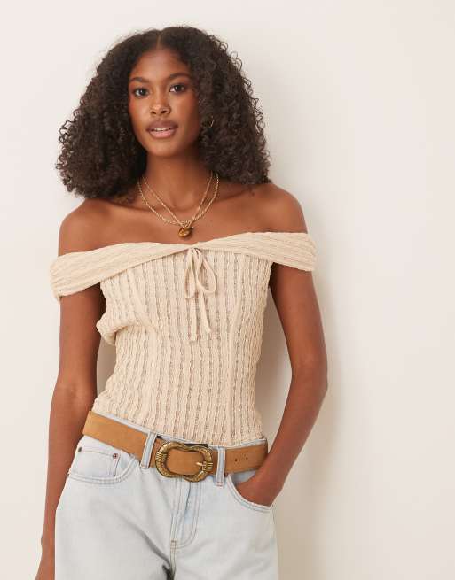 ASOS DESIGN texture off the shoulder short sleeve top with tie detail in stone