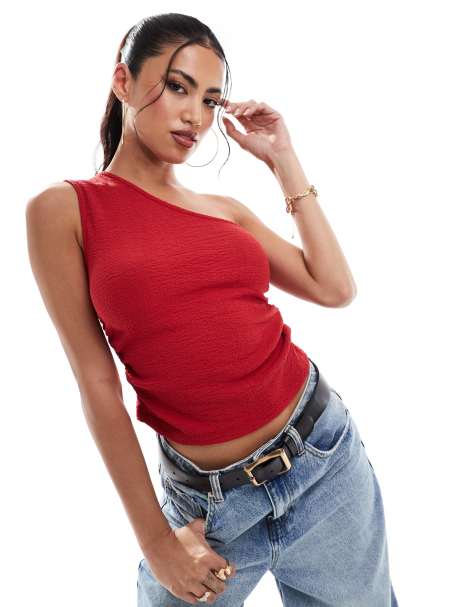 ASOS DESIGN texture one shoulder top in red - view 1