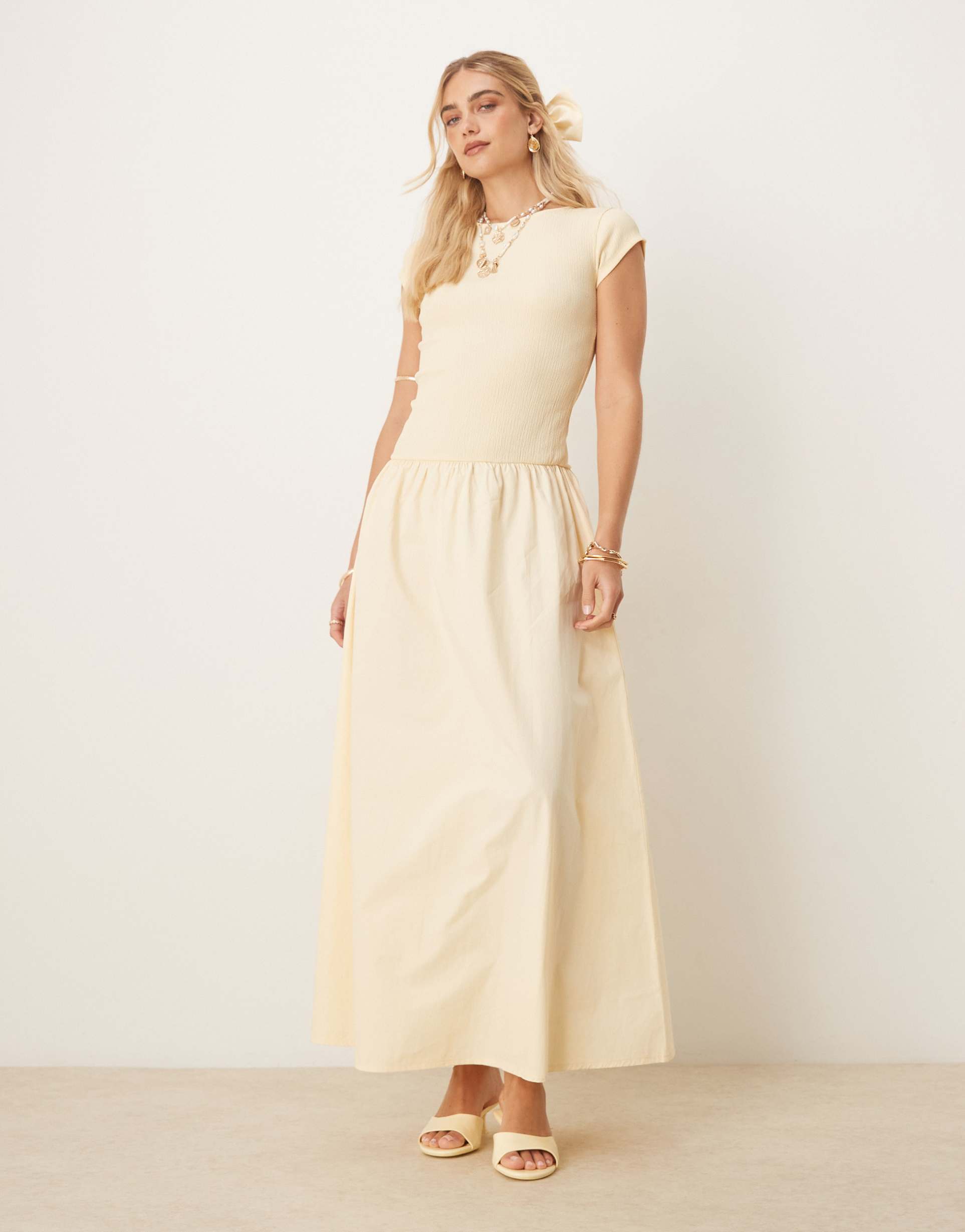 asos design texture poplin mix dropped hem cap sleeve maxi dress in buttermilk