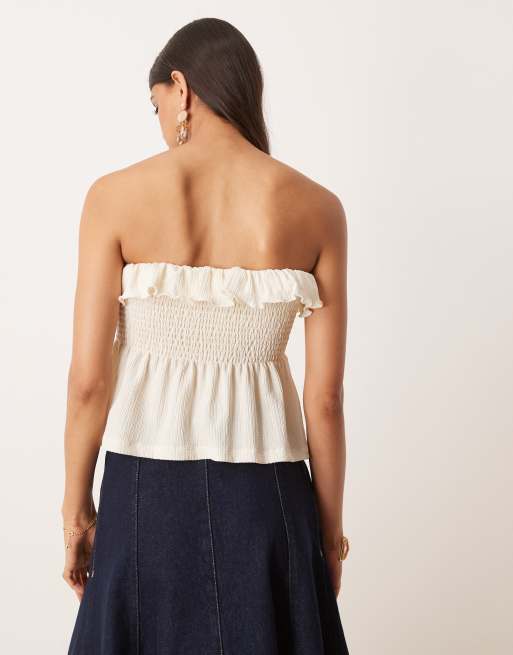 ASOS DESIGN texture shirred babydoll bandeau with tie front detail in ivory, 4 of 4