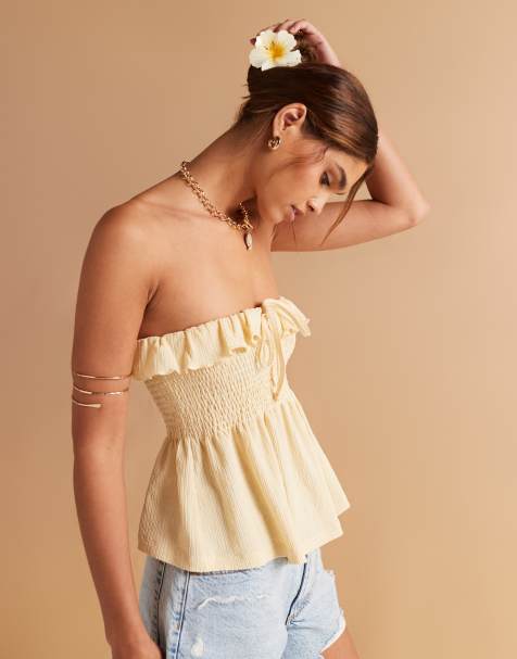 ASOS DESIGN texture shirred babydoll bandeau with tie front detail in lemon - view 1