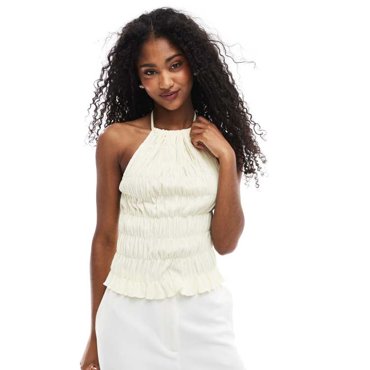 ASOS DESIGN texture shirred halter top in buttermilk | ASOS