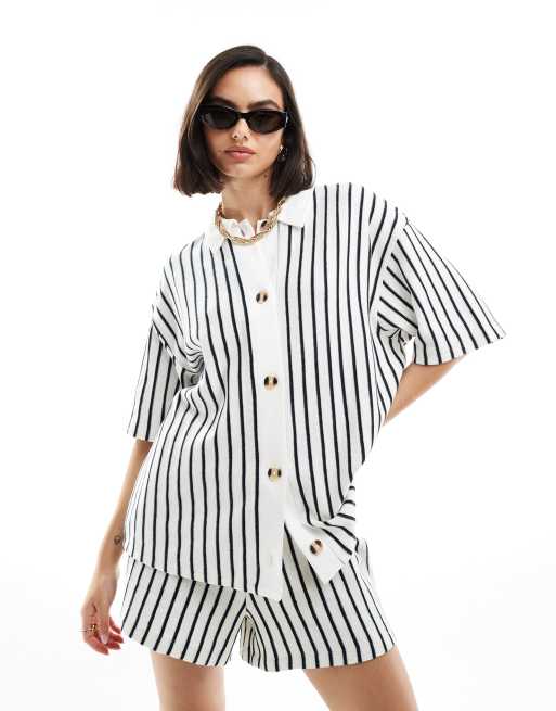 ASOS DESIGN texture stripe resort shirt in cream and navy stripe (part of a set)