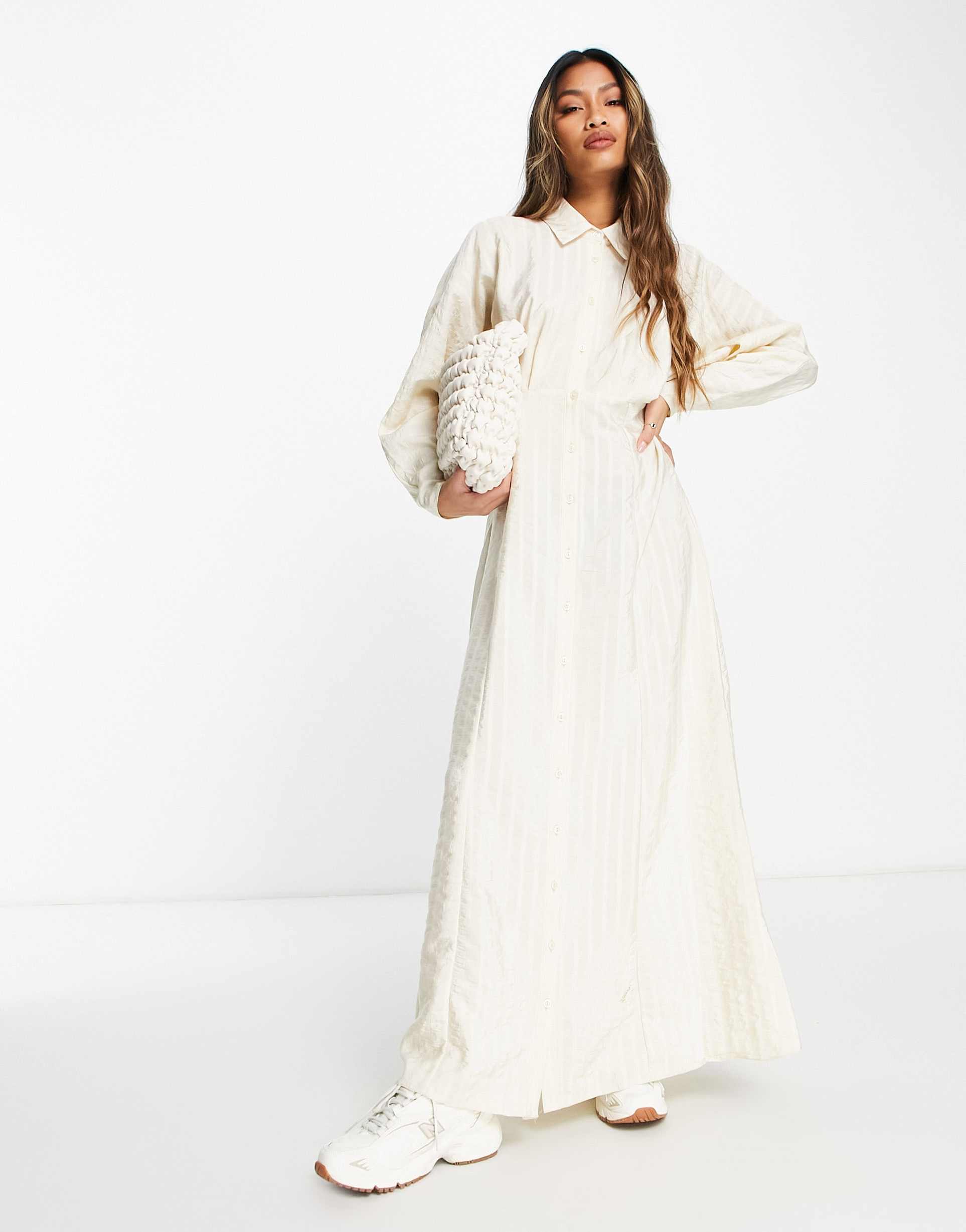 ASOS DESIGN texture stripe volume sleeve maxi shirt dress in vintage cream view 2