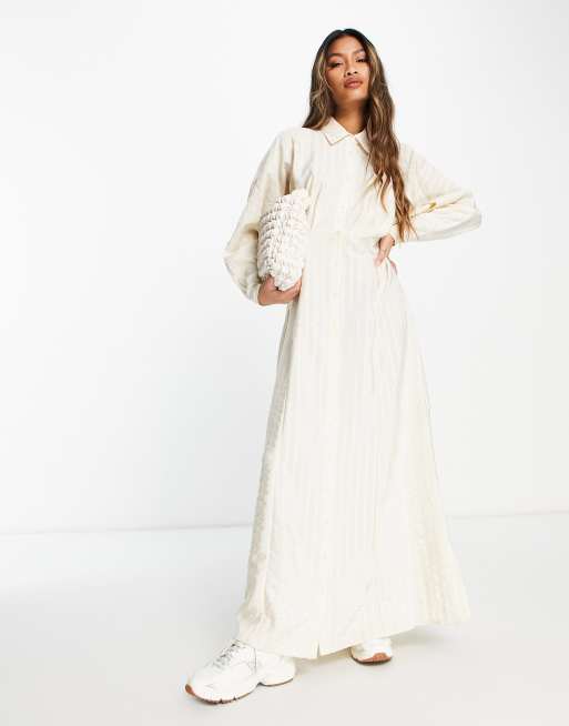 ASOS DESIGN texture stripe volume sleeve maxi shirt dress in vintage cream