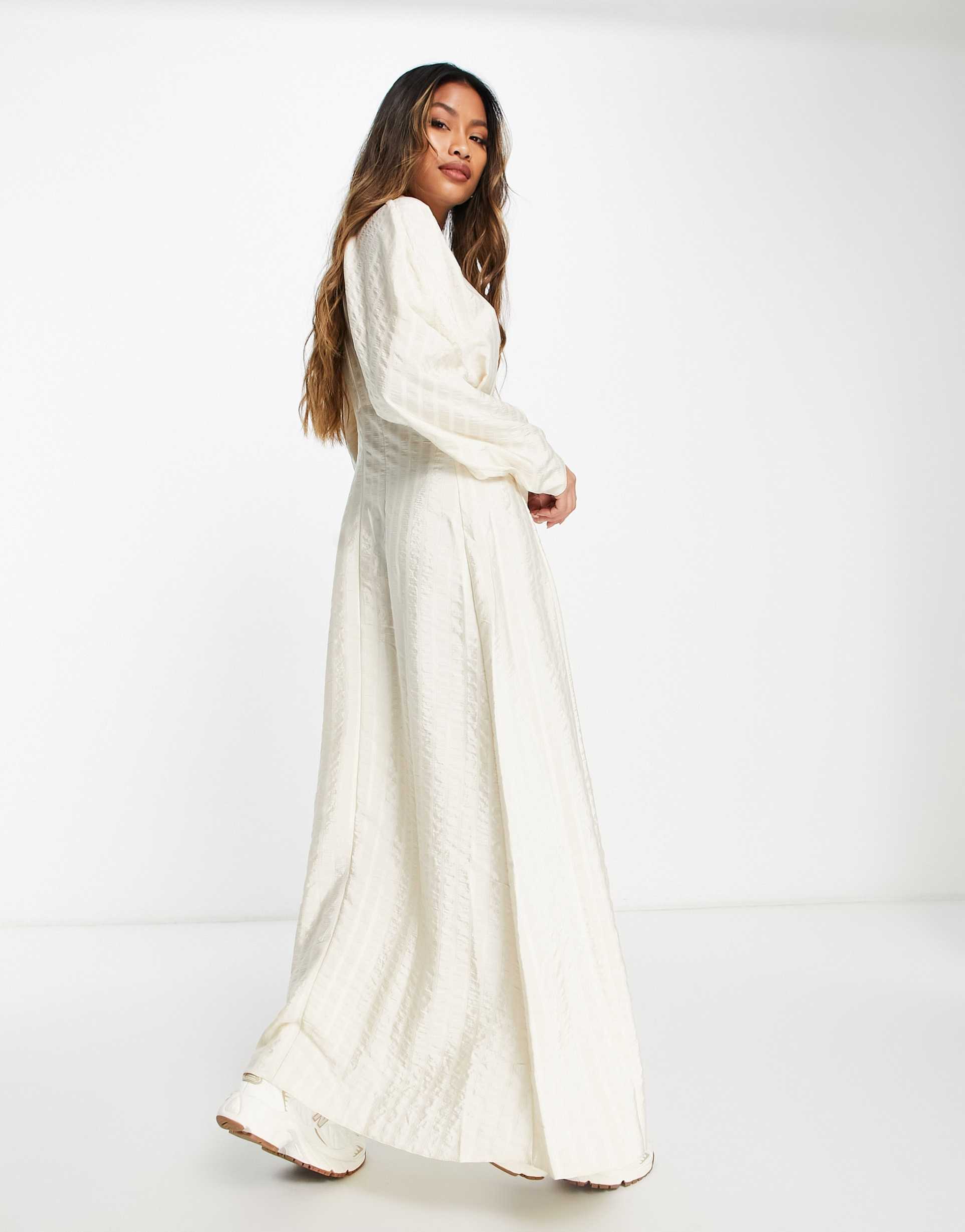ASOS DESIGN texture stripe volume sleeve maxi shirt dress in vintage cream view 3
