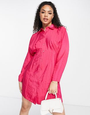 ASOS DESIGN texture stripe volume sleeve mini shirt dress in hot pink