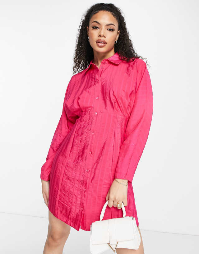 ASOS DESIGN - texture stripe volume sleeve mini shirt dress in hot pink