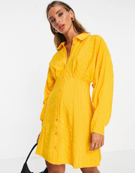 ASOS DESIGN texture stripe volume sleeve mini shirt dress in yellow | ASOS