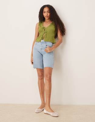 Asos Design Texture Tie Detail Top In Green
