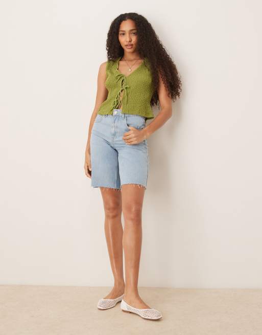 ASOS DESIGN texture tie detail top in green, 2 of 4