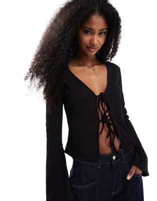 Asos Design Texture Tie Front Top With Flute Sleeve In Black