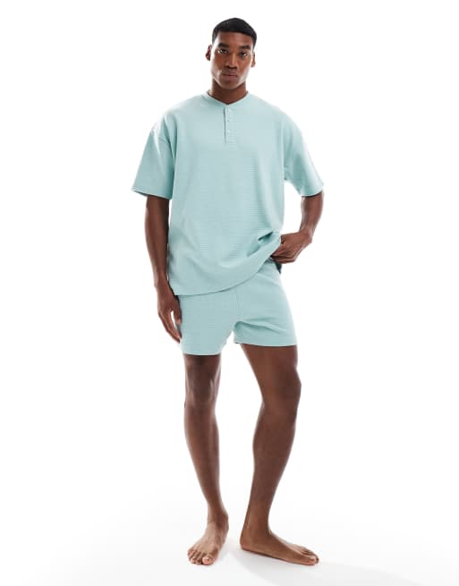 ASOS DESIGN texture waffle nightwear set in blue