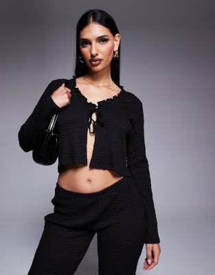 Asos Design Texture Wide Neck Ruffle Edge Long Sleeve Tie Up Top In Black