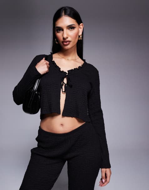 ASOS DESIGN texture wide neck ruffle edge long sleeve tie up top in black (part of a set) - view 1