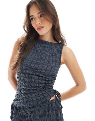 Asos Design Textured Acid Wash Slash Neck Top With Drawstring Side
