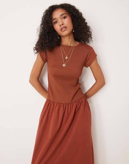 ASOS DESIGN textured and poplin mix dropped waist maxi dress in rust