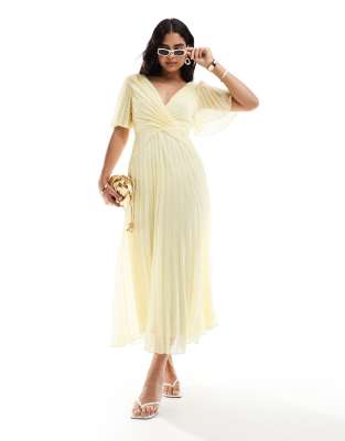 textured angel sleeve deep plunge wrap pleated midaxi dress in lemon-Green