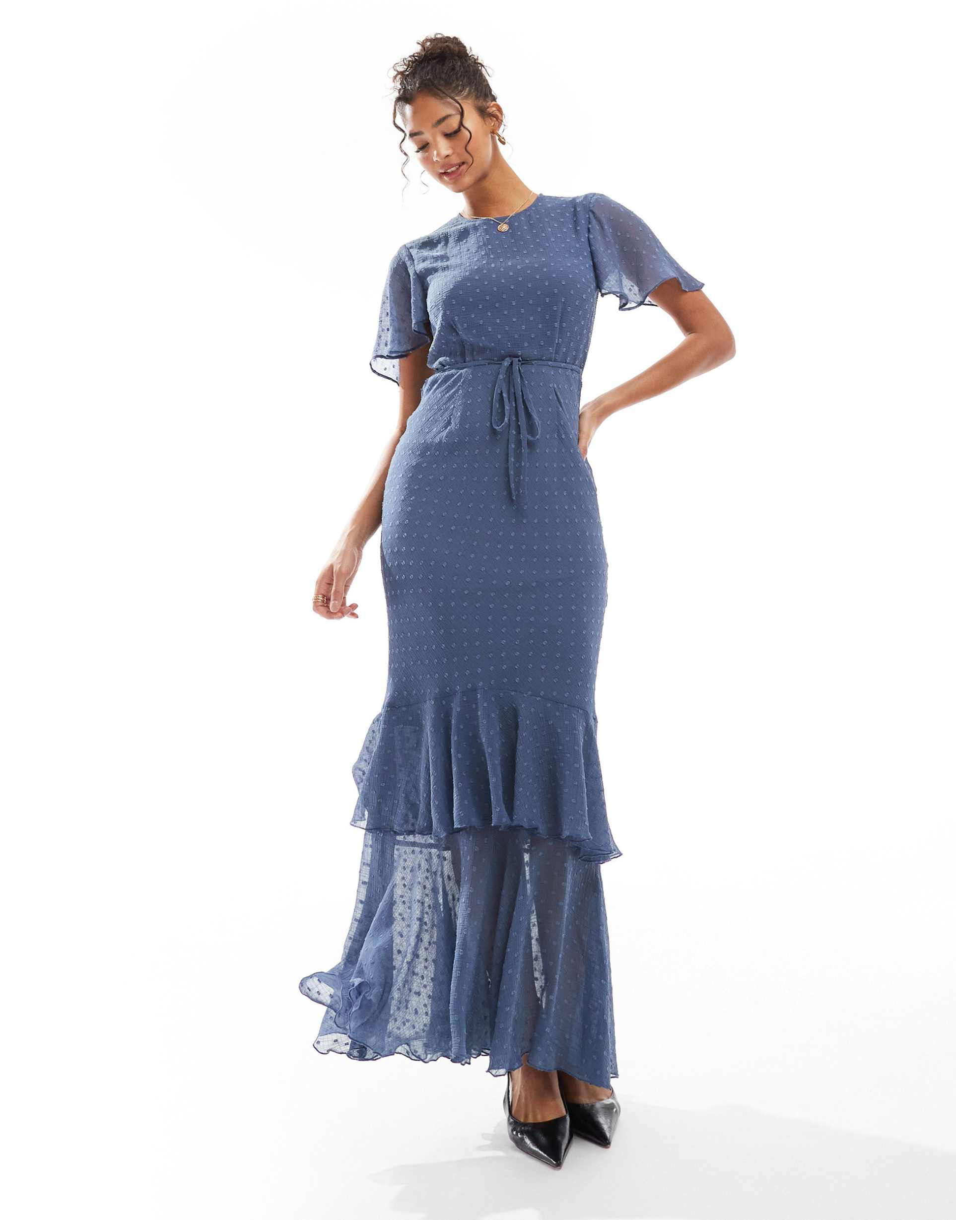 asos design textured angel sleeve tiered frill maxi dress in washed blue