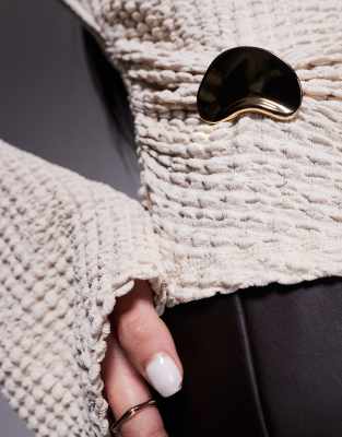 Asos Design Textured Angel Sleeve Top With Metal Cinch In White