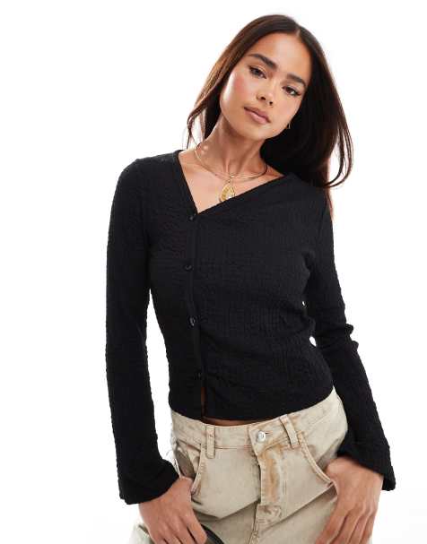 ASOS DESIGN textured asymmetric button front top in black