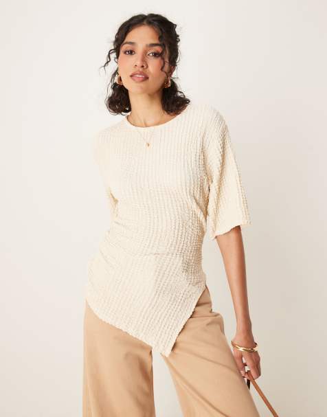 ASOS DESIGN textured asymmetric cinched t shirt in buttermilk - view 1
