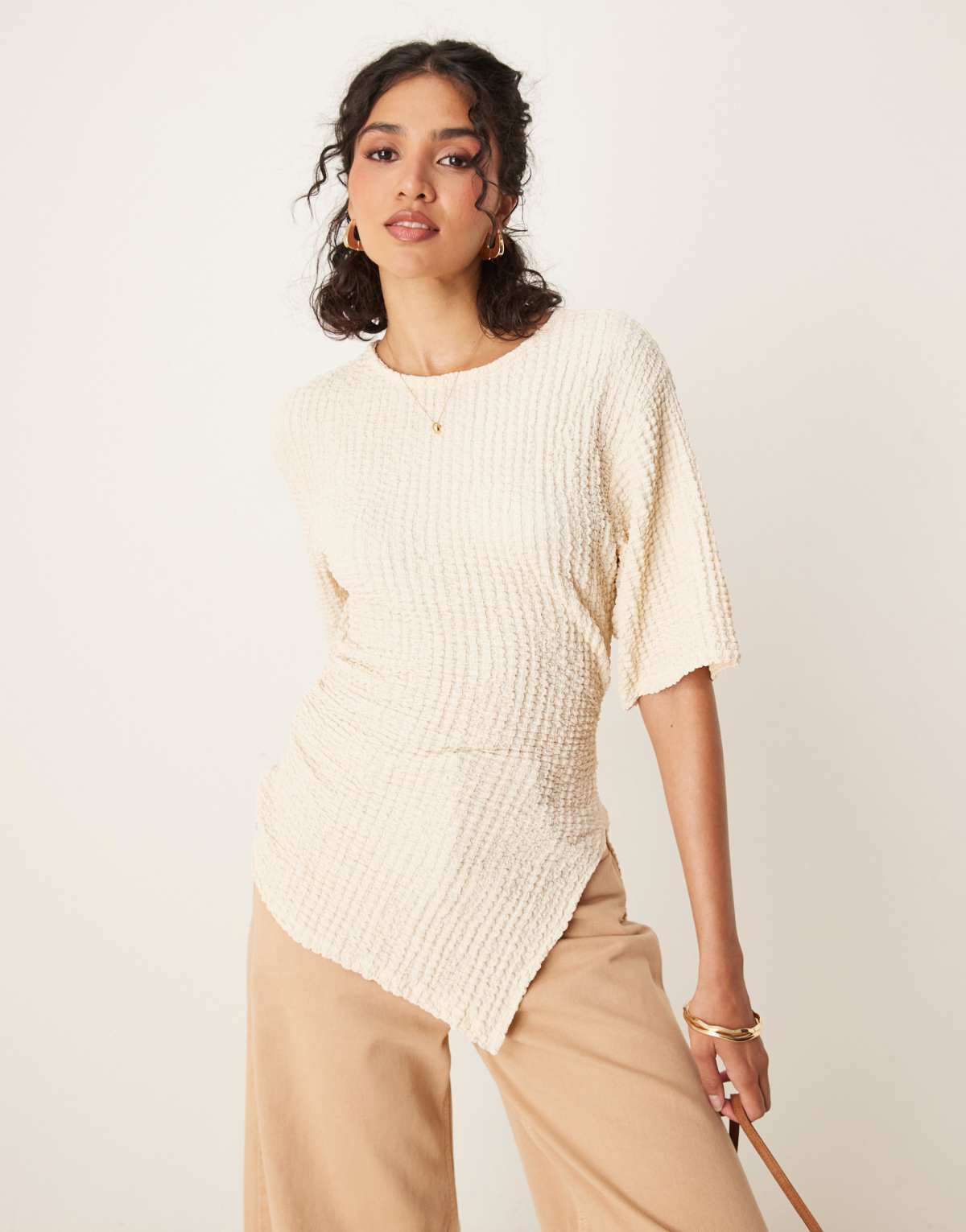ASOS DESIGN textured asymmetric cinched t shirt in buttermilk