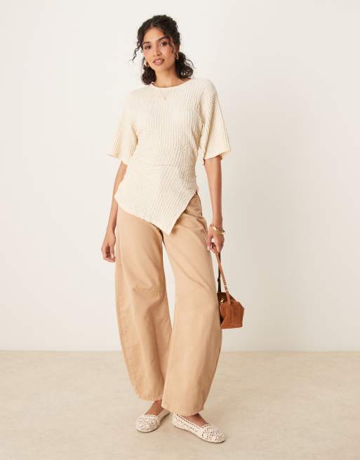 ASOS DESIGN textured asymmetric cinched t-shirt in buttermilk